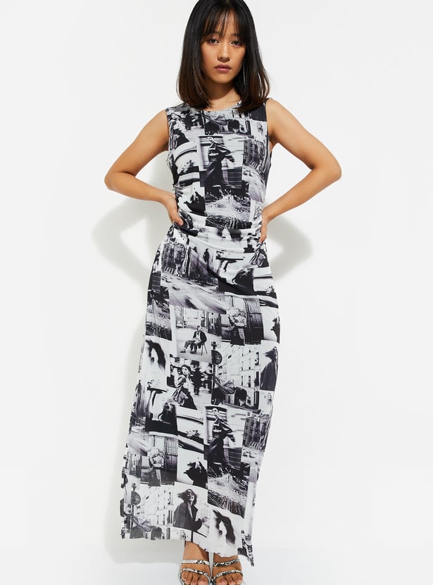 Women Printed Ruched Mesh Dress
