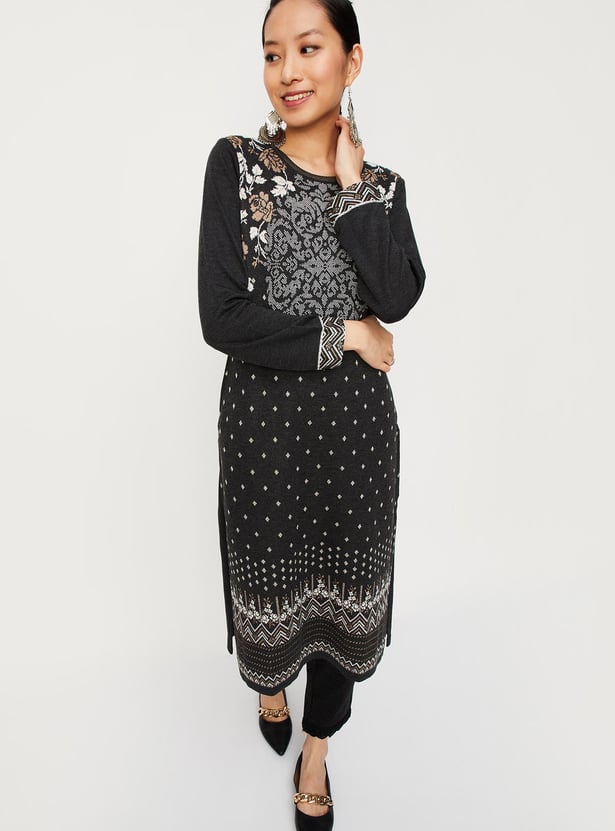 Women Jacquard Winter Kurta with Pocket