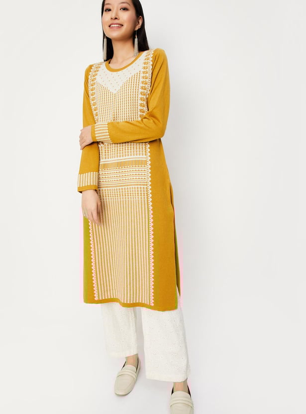 Women Jacquard Winter Kurta with Pocket