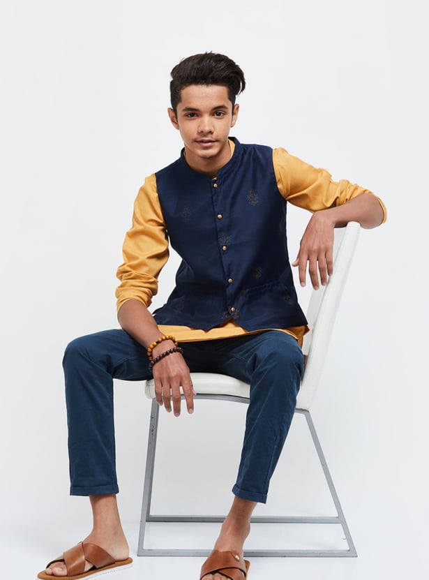 Boys Printed Band Collar Ethnic Waistcoat